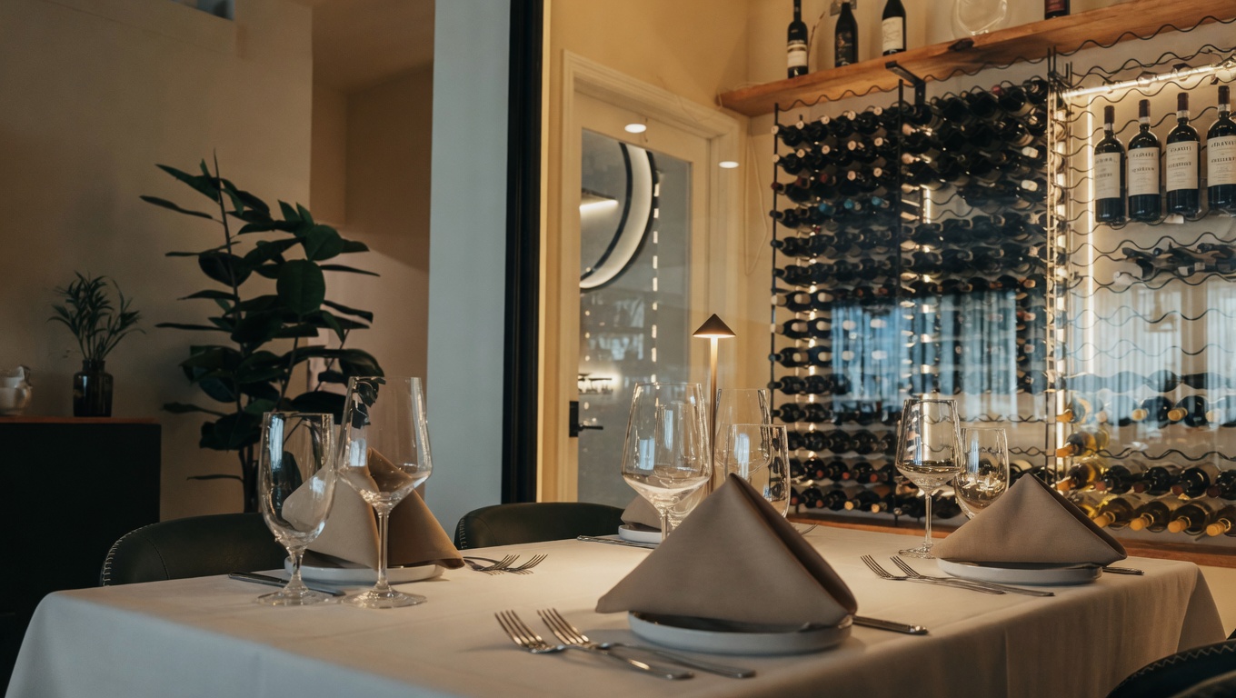 Fine dining table with white linen and wine glasses, backlit wine cellar in the background