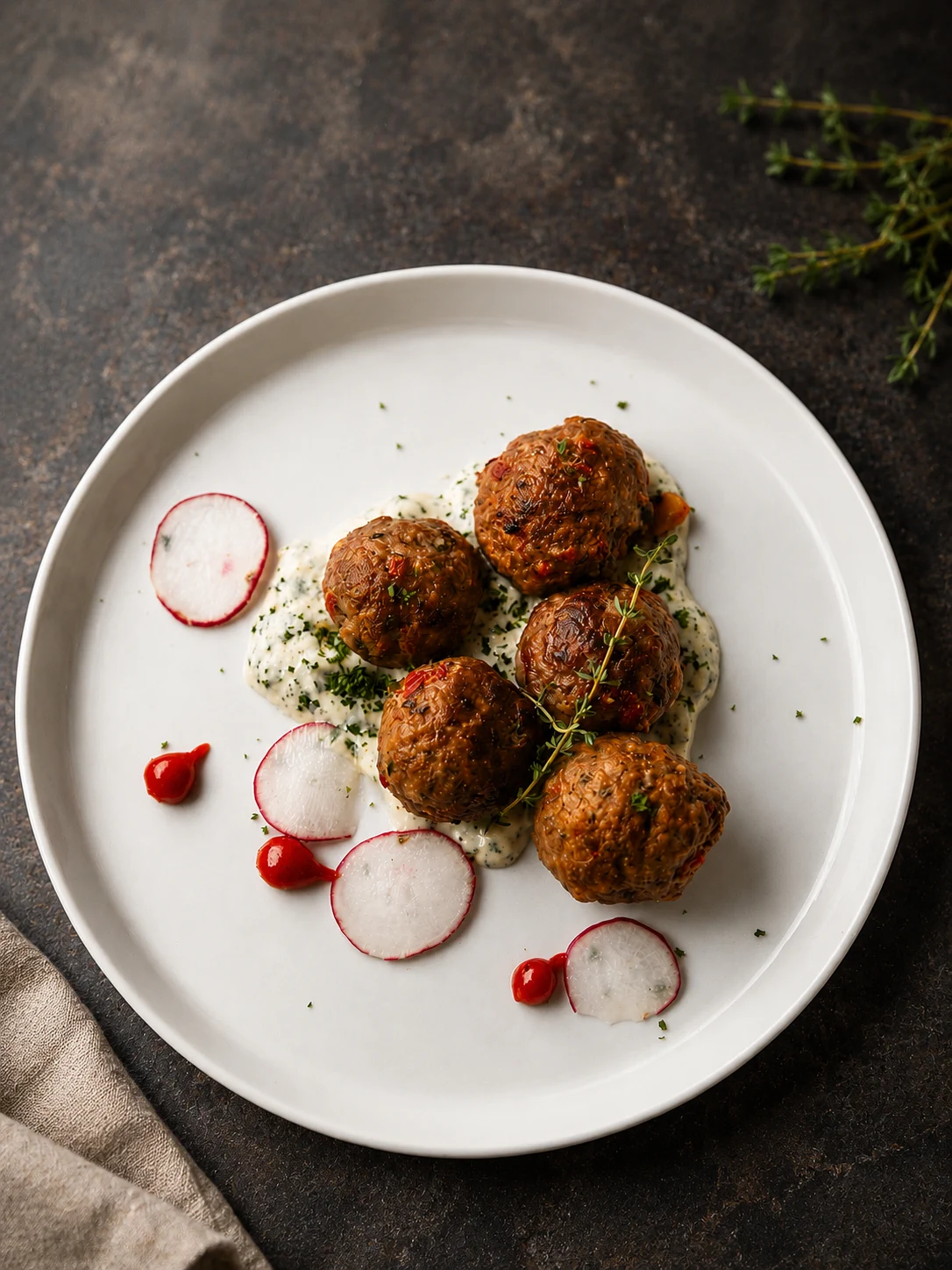Herbed meatballs on cream sauce with radish slices and fresh thyme