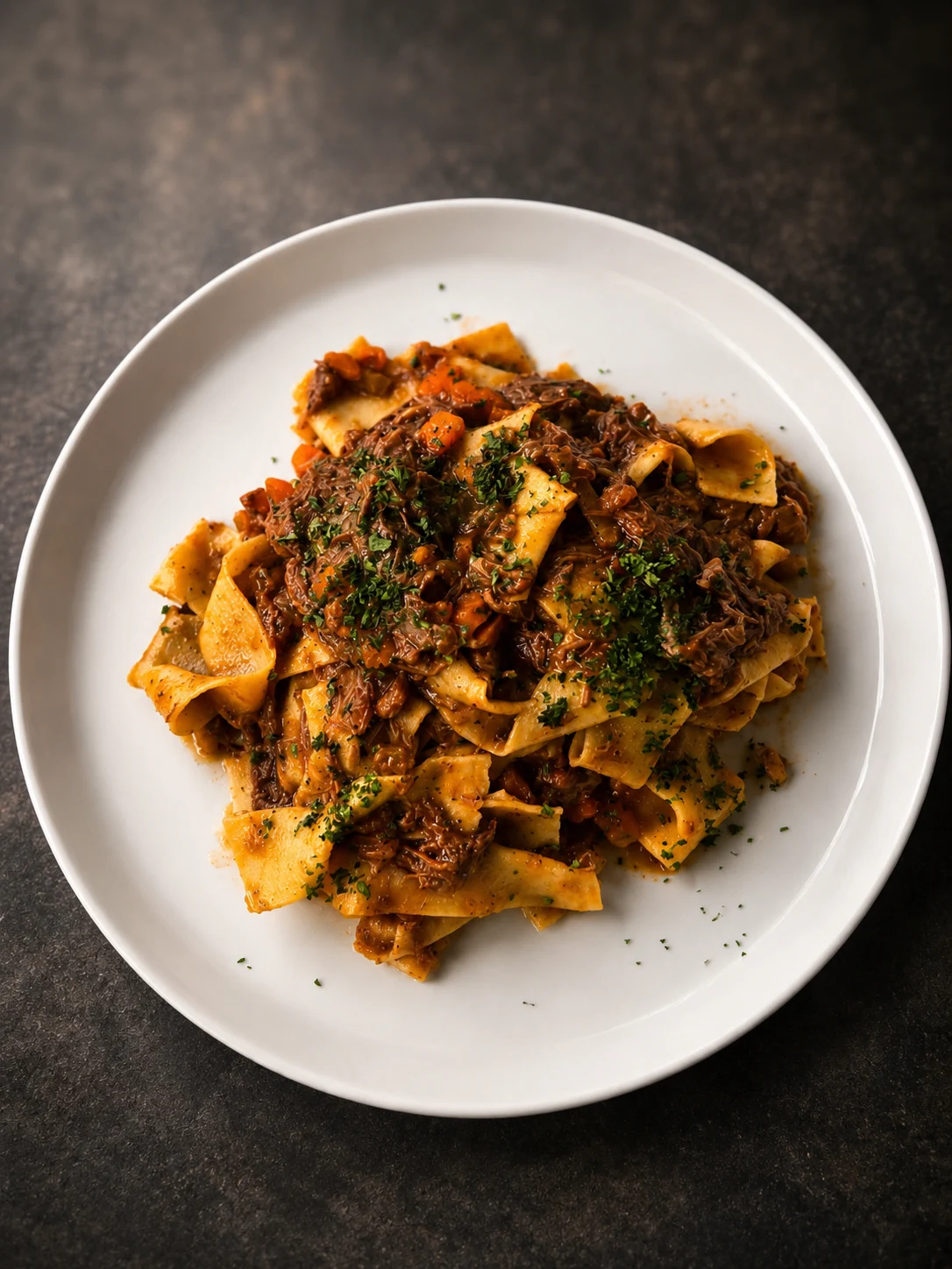 Pappardelle with meat ragù topped with chopped fresh parsley